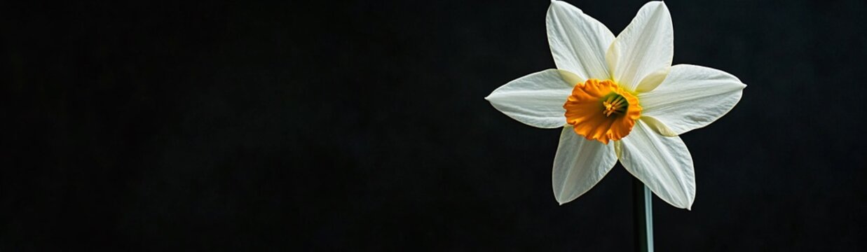 a banner showing a single white daffodil on black background