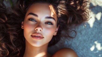 Fototapeta premium Close-up of a young woman with beautiful curly hair lying on the ground in natural light
