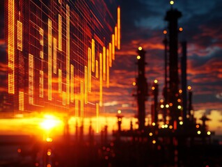 A vibrant sunset over an industrial landscape with digital graphs, symbolizing the intersection of technology and the energy sector.