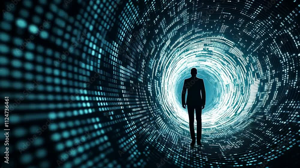 Poster mysterious figure standing in digital tunnel of light and data streams