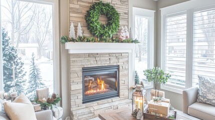 The living room, complete with a fireplace, is beautifully decorated for Christmas.
