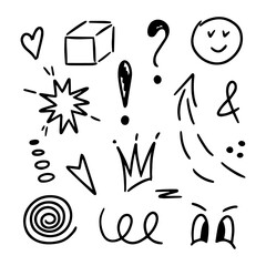 Fototapeta premium Hand drawn vector elements, heart, arrow, crown, cube, eyes, face, dot lines, emphasis. Brush or marker scribbles, underlines, pencil sketch graphic