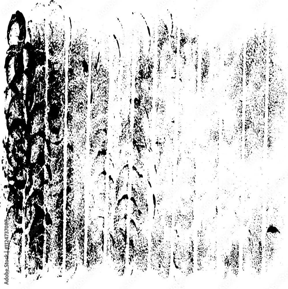 Poster Monochrome texture composed of irregular graphic elements. Distressed uneven grunge background. Abstract vector illustration. Overlay for interesting effect and depth. Isolated on white background.