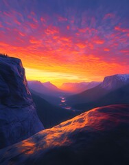 Obraz premium A breathtaking sunset over a mountainous landscape, reflecting vibrant colors on the water.