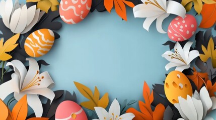 Easter Egg Jubilee, Abstract Art with Patterned Eggs and Spring Blossoms on a Blue Background