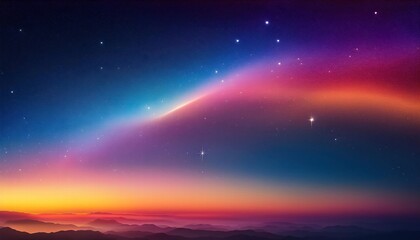 Fototapeta premium Cosmic Dawn: A vibrant canvas of pink, blue, and orange hues paints the sky as a celestial aurora stretches across the horizon, stars twinkling amidst the ethereal glow.