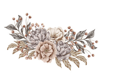 Trendy leaves, blush and rust rose wedding bouquet. Dried flower. Beige, gold, brown, rust, taupe. Watercolor hand drawn arrangements
