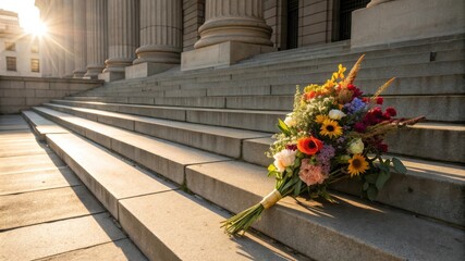 Fototapeta premium Stylish Bouquet Resting on Courthouse Steps in Golden Evening Light With Vibrant Flowers Showing Beauty and Elegance. Generative AI