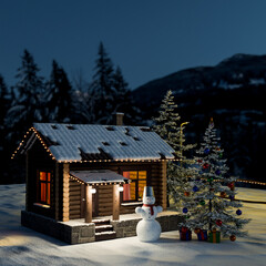Winter Wonderland with Log House and Snowman - 3D Illustration