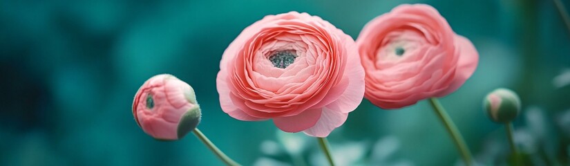 pink ranunculus flowers on a blue-green background