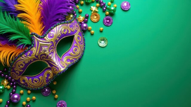 Colorful mardi gras mask with feathers and beads on green background