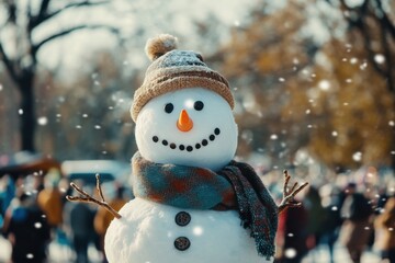 In a large park where people are crowded, a snowman with a hat and scarf, smiling, wishes peace for the world in the coming year, as the new year approaches