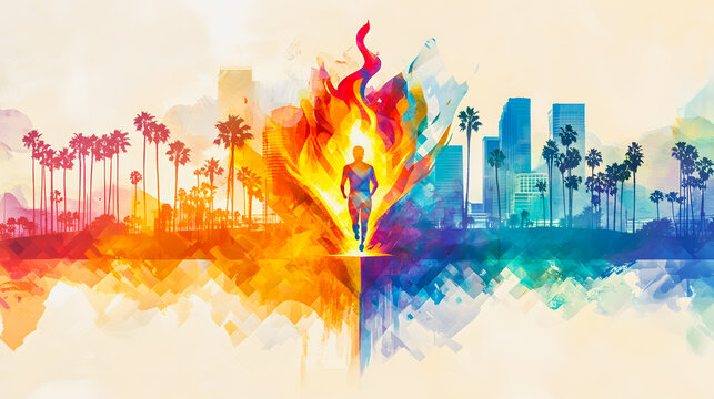 Abstract fiery globe resembling Olympic torch at center with colorful Los Angeles cityscape background featuring palm trees and skyscrapers – vibrant artistic illustration celebrating 2028 Olympics