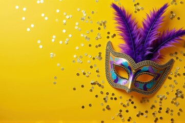 Festive purple feathered mask with gold sequins on bright yellow background