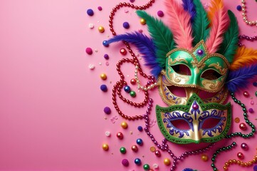 Colorful mardi gras masks with feathers and beads on a pink background