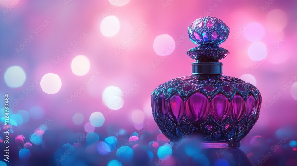 Poster elegant perfume bottle with colorful bokeh background and sparkle