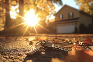 House keys on ground sunburst through trees suburban home backdrop
