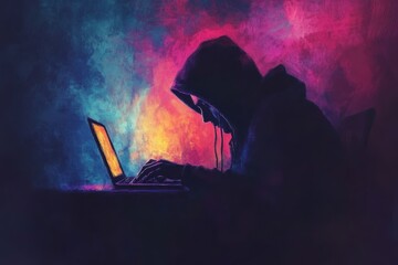 Hooded figure silhouette mysterious hacker theme sitting in front of laptop
