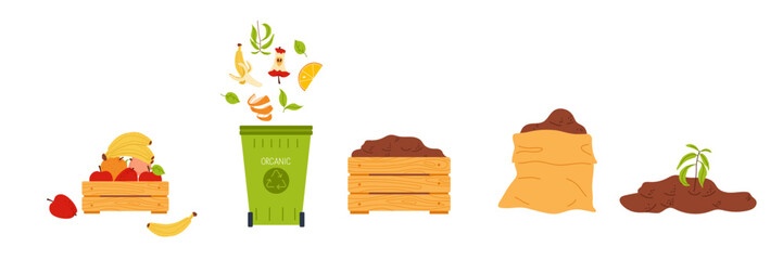 Composting process illustrated with fruit scraps, bins, and natural waste transformation