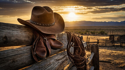 A cowboy hat on an old wooden fence, near a pair of old cowboy boots, nostalgic image