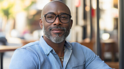 Fototapeta premium Confident Smiling Man in Casual Fashion: A Portrait of a Relaxed, Trendy Adult Male with Glasses, Beard, and Positive Demeanor in an Urban Coffee Shop
