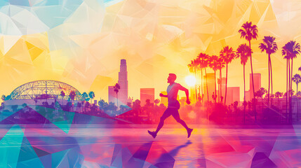 Fototapeta premium Runner silhouette in front of colorful Los Angeles skyline at sunrise