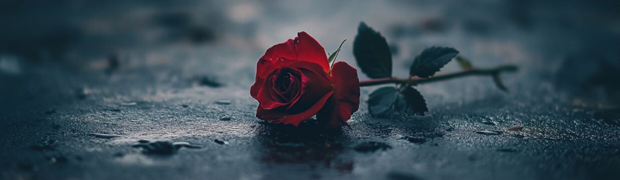 a red rose on lying on a black street