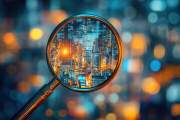 Magnifying glass focusing on a futuristic cityscape vibrant orange and yellow bokeh lights in the background digital rendering
