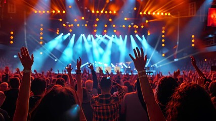 Energetic concert performance with audience celebrating under vibrant lights