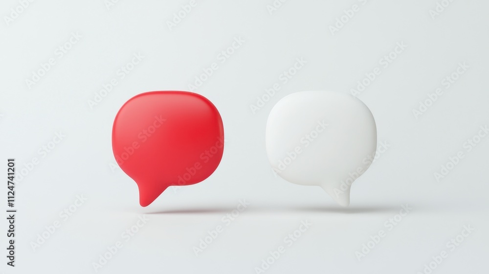 Poster two speech bubbles, one red and one white, represent communication and dialogue in a minimalistic de