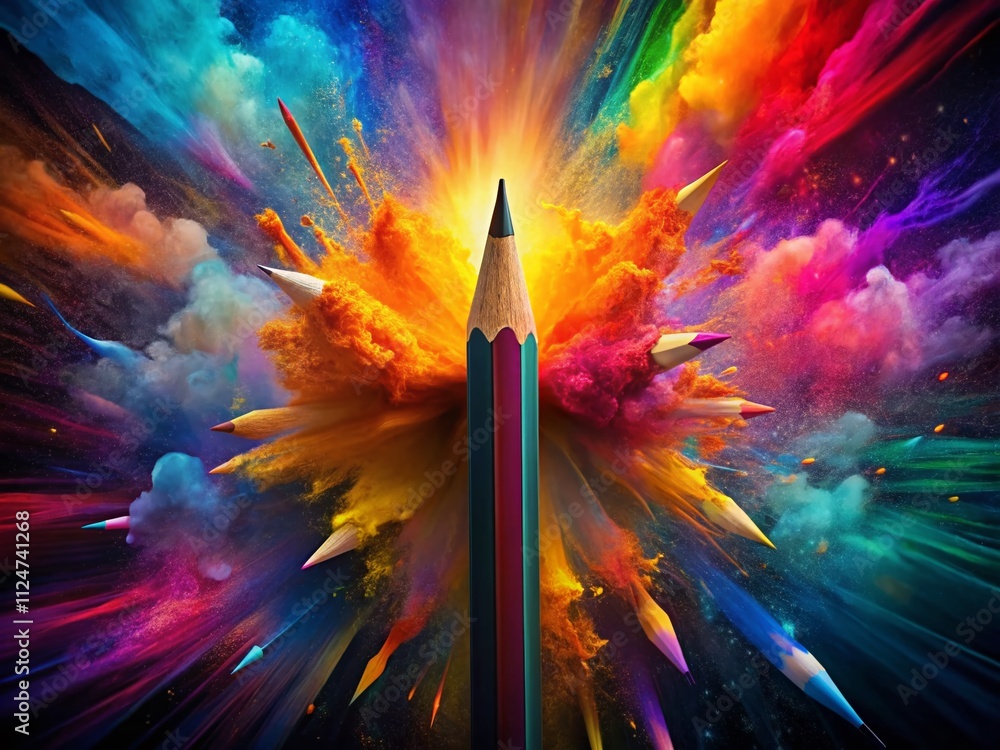 Poster a single pencil igniting a colorful explosion representing the transformative power of imagination a
