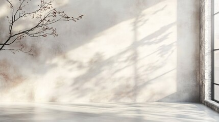 Minimalist Room with Branch and Sunlight Shadows