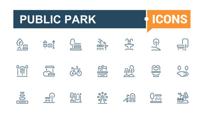 Public Park icon set. It contains symbols to bike, element, public, bush, scooter, isolated, symbol, editable stroke. Thin outline icons pack. Vector icons editable stroke.