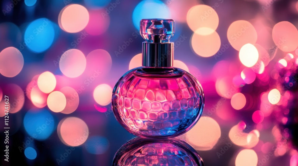 Poster elegant perfume bottle with colorful bokeh background and lights