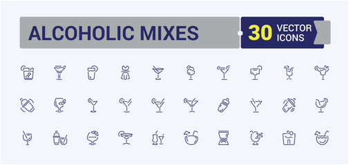 Alcoholic Mixes icon set. Includes thin line cognac, water, vodka, alcohol, coffee, wine and more. Thin UI icon design. Editable stroke. Vector illustration.