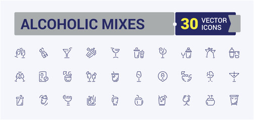 Alcoholic Mixes icon set. Includes thin line cognac, water, vodka, alcohol, coffee, wine and more. Thin UI icon design. Editable stroke. Vector illustration.