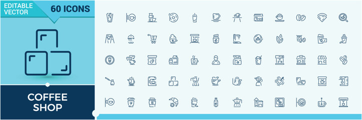 Coffee Shop icons in linear style. Featuring leaf, stroke, graphic, restaurant, cup, breakfast, drink, shop. Pixel perfect. Vector outline icons collection.