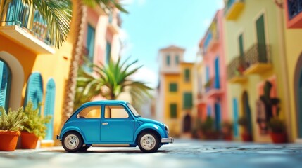 Fototapeta premium A vibrant blue toy car parked in a colorful street scene, featuring playful architecture and palm trees for a lively atmosphere.