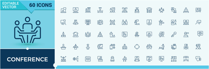 Conference icons. Contains such icons as professional, audience, forum, discussion, teamwork, organisation and more. Thin UI icon design. Vector illustration in modern line style.