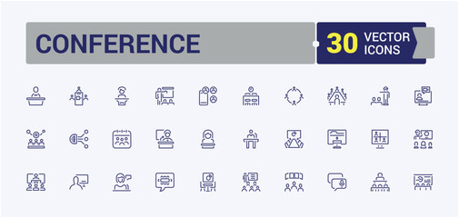 Conference linear icon collection. Contains such icons as professional, discussion, meeting, teamwork, webinar, workshop, seminar and more. Isolated icons design. Editable vector stroke.