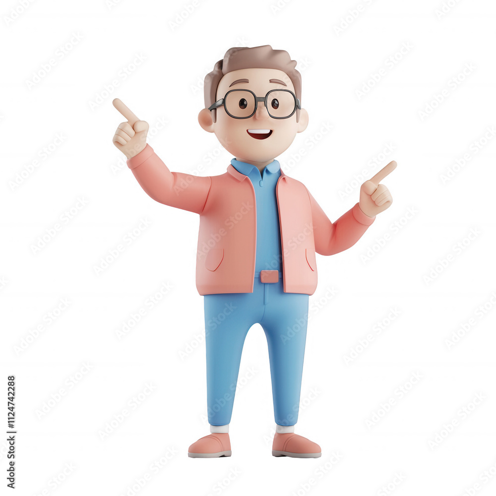 Poster cheerful character animated businessman pointing in two directions with a smile., isolated on a tran