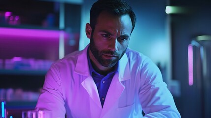 Fototapeta premium Portrait of confident male doctor in white coat looking at camera against futuristic blue background