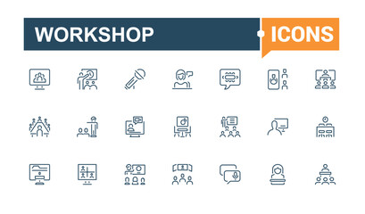 Workshop icons set in line style. Includes icons for discussion, audience, workshop, office, presentation, organisation, seminar and more. Simple icon designs. Editable stroke.