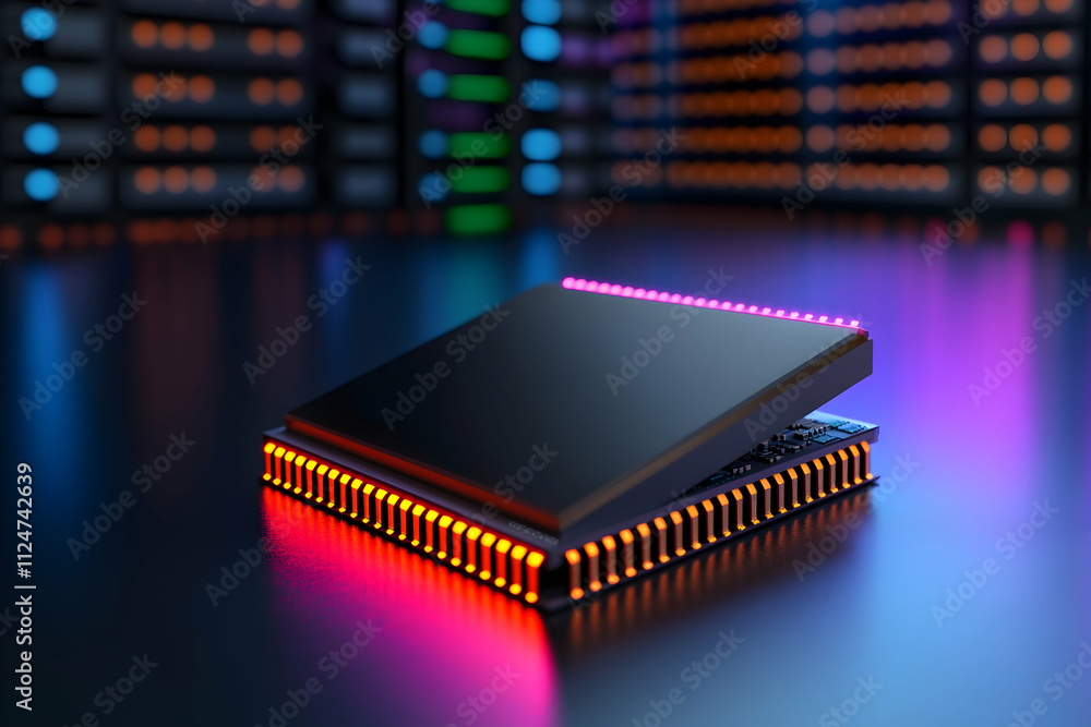 Poster quantum processor glowing with vibrant pink and orange light, resting on a reflective floor in a col