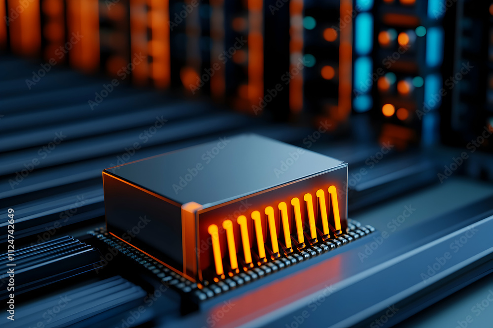 Poster advancements in futuristic technology, quantum processor transferring data through glowing orange el