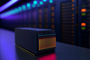 Futuristic ram module, glowing with vibrant colors, sits in the foreground of a modern datacenter, suggesting advancements in computing technology