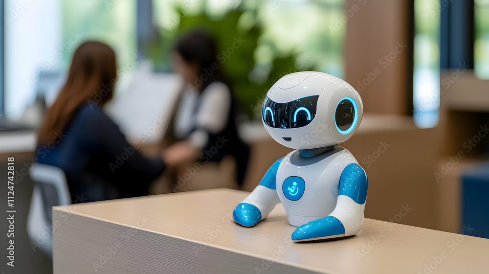 Poster cutting edge robot welcoming guests at reception desk in high tech office, demonstrating innovative 