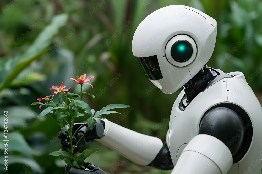 Poster advanced humanoid robot interacting with delicate flowers in a vibrant, natural setting, showcasing 