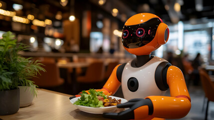 Cutting edge robot serving nutritious food in a contemporary dining establishment, showcasing the fusion of robotics and automation in the hospitality sector
