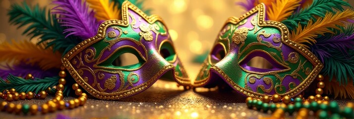 Colorful mardi gras masks with feathers and beads on glittering background